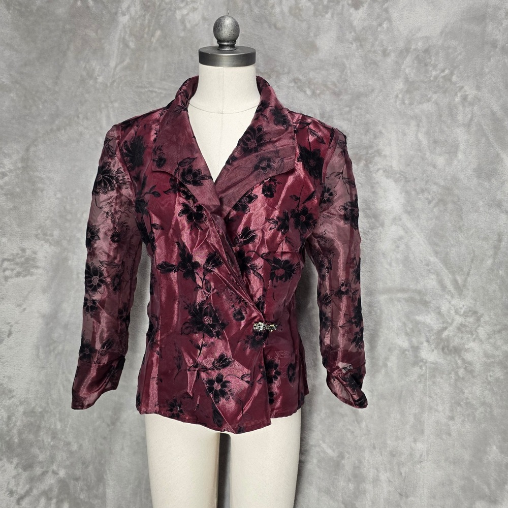 Alex Evenings Jacket Women L Burgundy Floral Sheer Organza Evening Blazer Goth